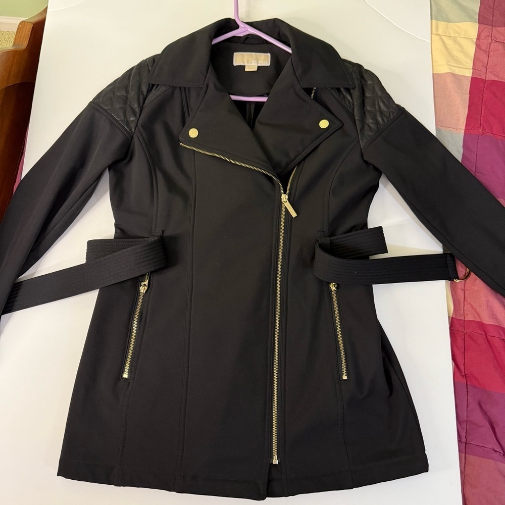 Michael Kors Black Trench Coat asymmetrical zip woman S belted jacket - Picture 6 of 12